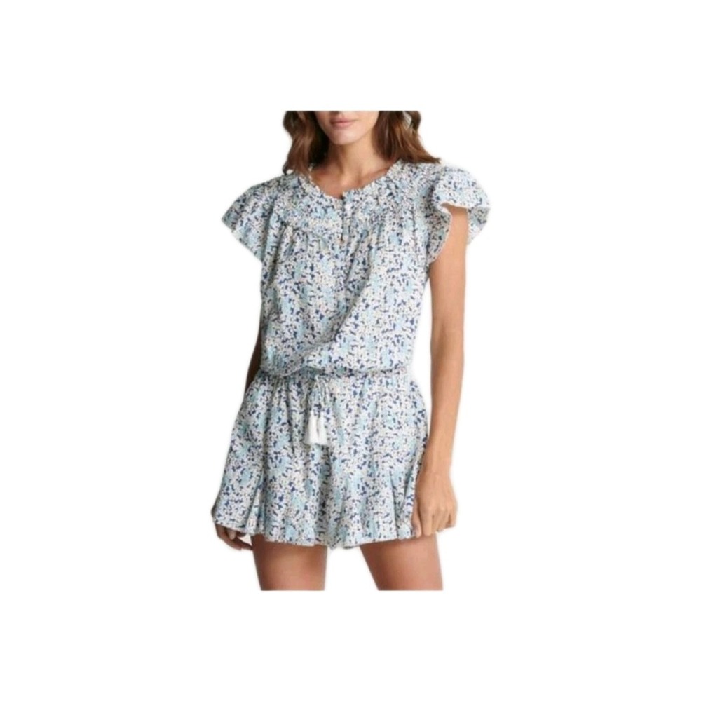 Blue Floral Seersucker Ruffle Button Romper Tassels Flutter Sleeve Cottagecore